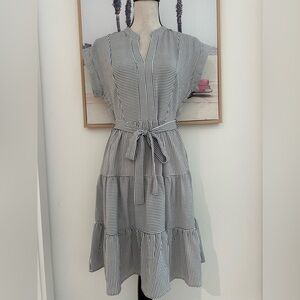Monteau Navy and White Striped Tie Waist Dress